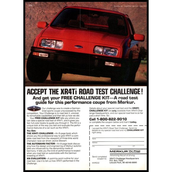 1987 Merkur XR4Ti Sport Coupe Vintage Print Ad Test Challenge Wall Art Photo - Picture 1 of 1